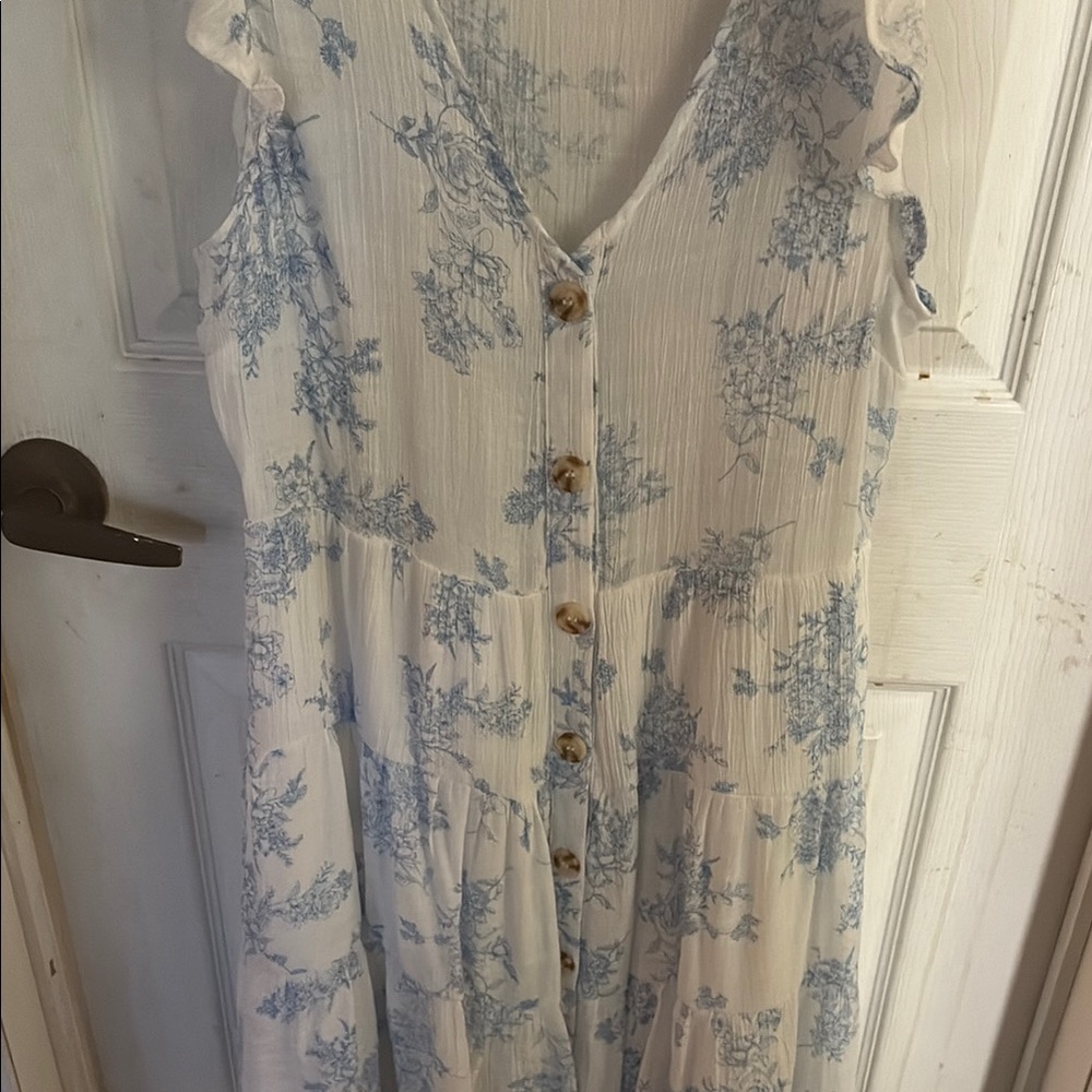 Blue and White Buttoned Maxi Sundress with Flutter Sleeves